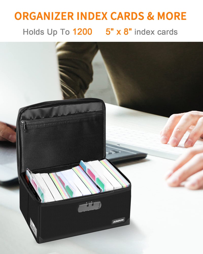 JUNDUN Index Card Holder with Lock,Collapsible Fireproof Index Card Box fits 1200 5x8-Inch Flash Cards - Business, Recipe, or Note Card Storage Boxes - Black - Image 2